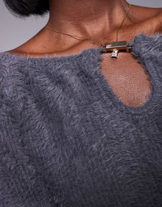 ASOS DESIGN fluffy off shoulder top with silver trim in charcoal - Image 4