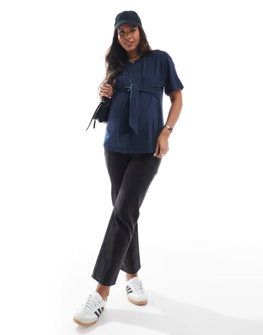 Mamalicious graviditet knytframs T-shirt i navy - Image 2