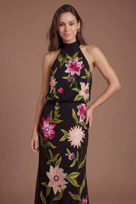 High Neck Midi Dress With Floral Embroidery - Image 4