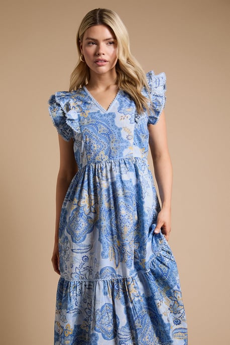 Blue Paisley Lace Trim V Neck Printed Poplin Midi Dress - Image 2