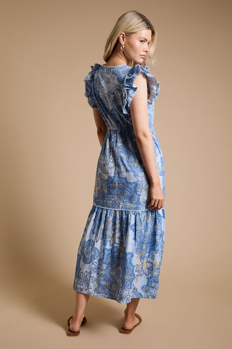 Blue Paisley Lace Trim V Neck Printed Poplin Midi Dress - Image 3