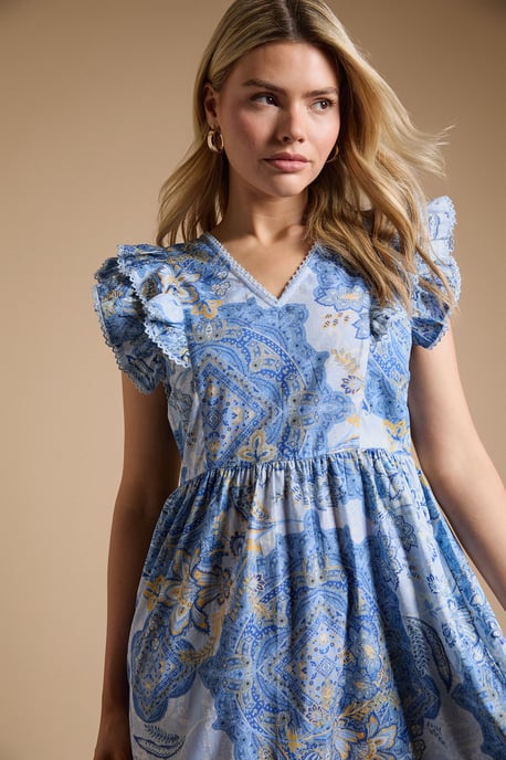 Blue Paisley Lace Trim V Neck Printed Poplin Midi Dress - Image 4