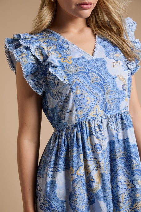 Blue Paisley Lace Trim V Neck Printed Poplin Midi Dress - Image 5
