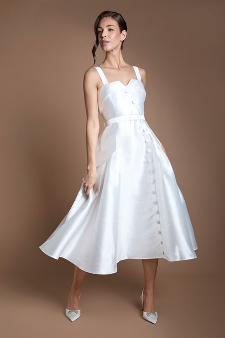 Lisa Tan Twill Volume Belted Midi Wedding Dress - Image 1