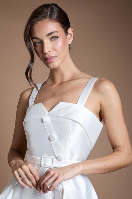 Lisa Tan Twill Volume Belted Midi Wedding Dress - Image 4