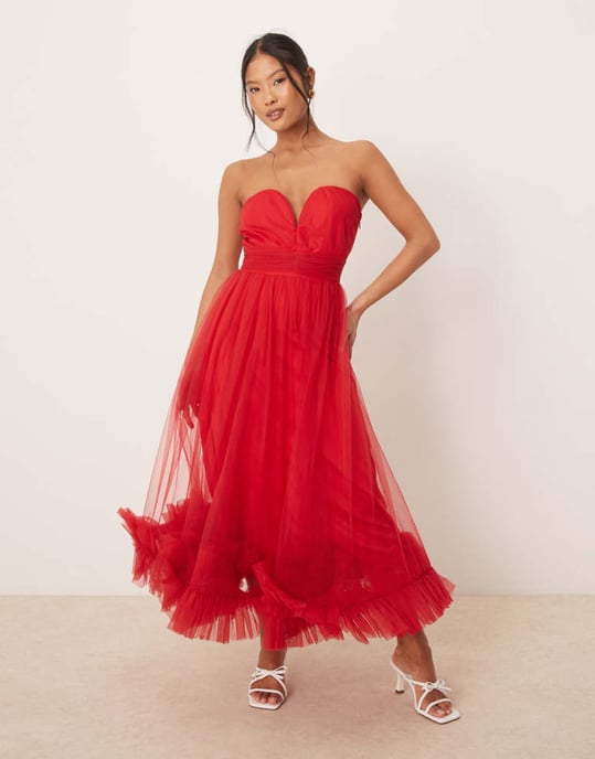 Lace & Beads Petite korsett tulle volangslut midaxi-klänning i röd - Image 3
