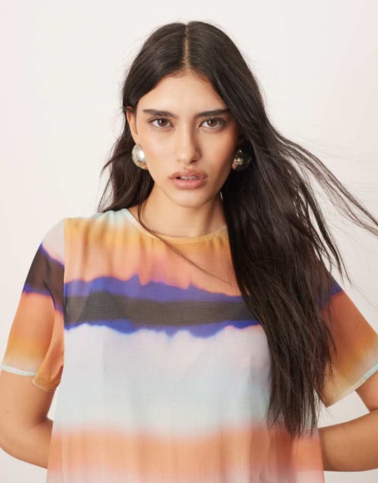 ARRANGE sheer chiffon drop waist maxi t-shirt dress in blurred stripe - Image 2