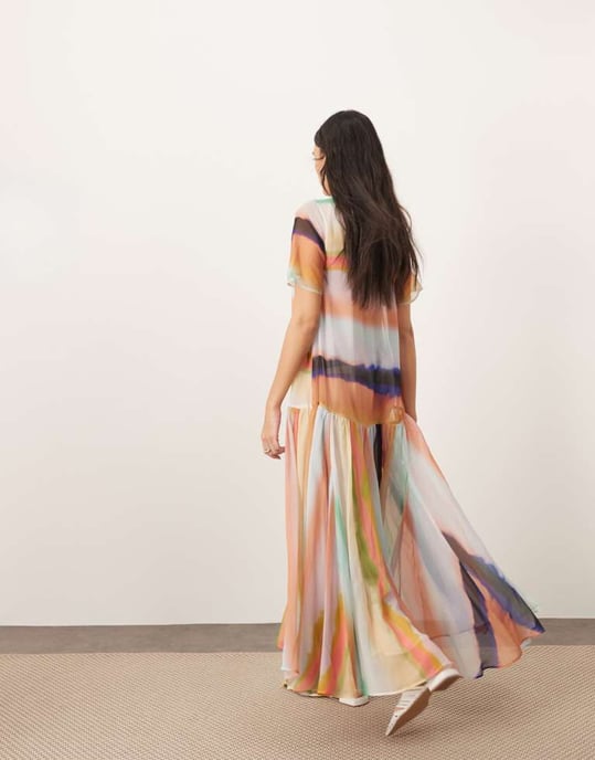 ARRANGE sheer chiffon drop waist maxi t-shirt dress in blurred stripe - Image 3