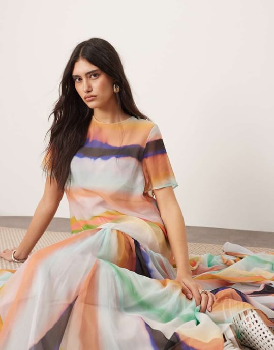 ARRANGE sheer chiffon drop waist maxi t-shirt dress in blurred stripe - Image 4