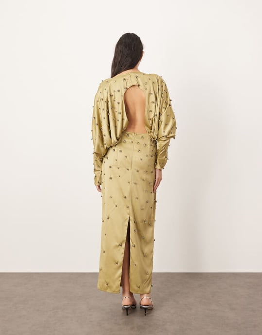 ARRANGE embellished ball bearing strong shoulder open back maxi dress in green - Image 2