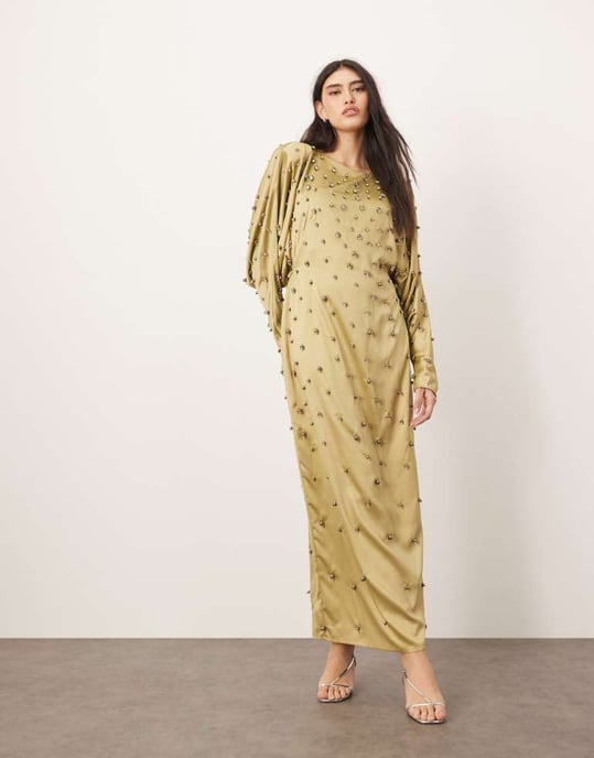 ARRANGE embellished ball bearing strong shoulder open back maxi dress in green - Image 4
