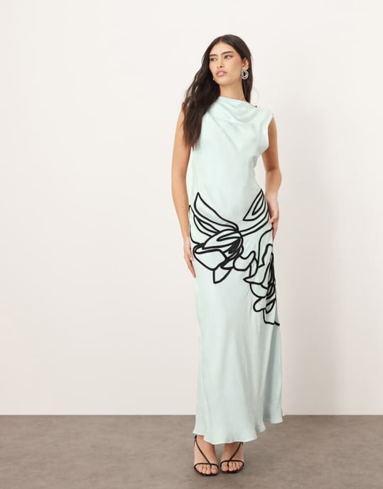 ARRANGE linear floral asymmetric column maxi dress in light blue - Image 1