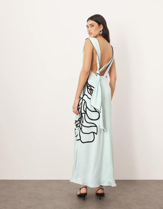 ARRANGE linear floral asymmetric column maxi dress in light blue - Image 3