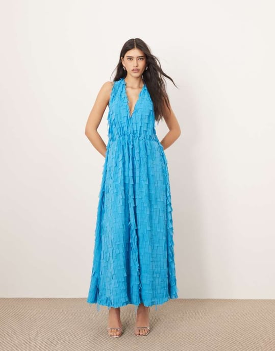 ARRANGE textured laser cut halterneck trapeze maxi dress in blue - Image 1