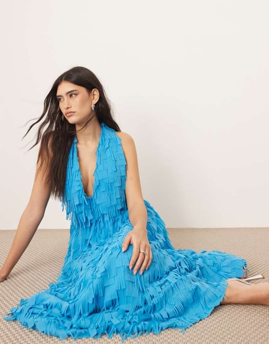 ARRANGE textured laser cut halterneck trapeze maxi dress in blue - Image 2