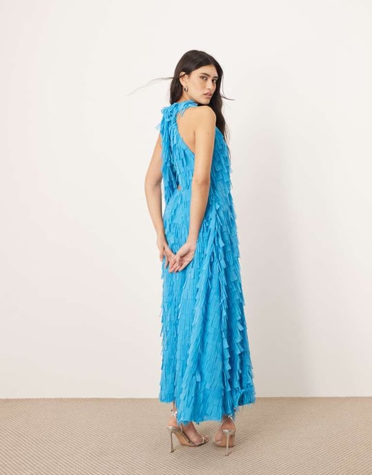 ARRANGE textured laser cut halterneck trapeze maxi dress in blue - Image 3