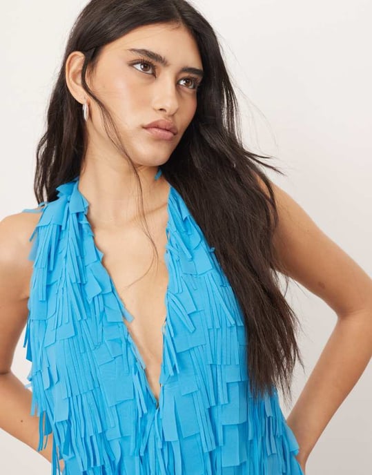 ARRANGE textured laser cut halterneck trapeze maxi dress in blue - Image 4