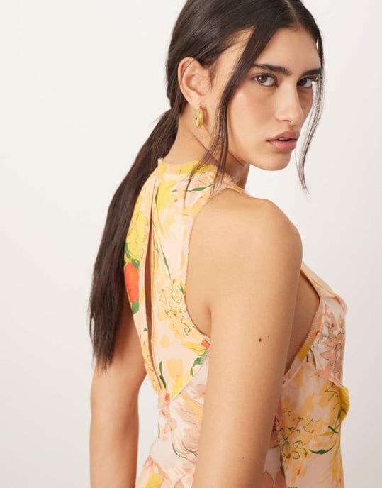 ARRANGE racer neck raw edge panelled maxi dress in peach floral print - Image 2