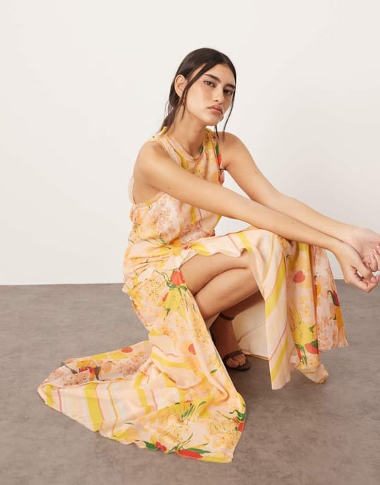 ARRANGE racer neck raw edge panelled maxi dress in peach floral print - Image 3