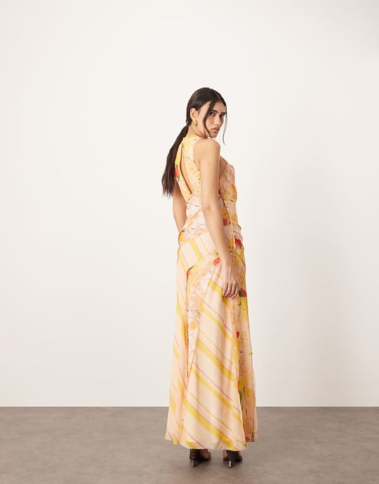 ARRANGE racer neck raw edge panelled maxi dress in peach floral print - Image 4