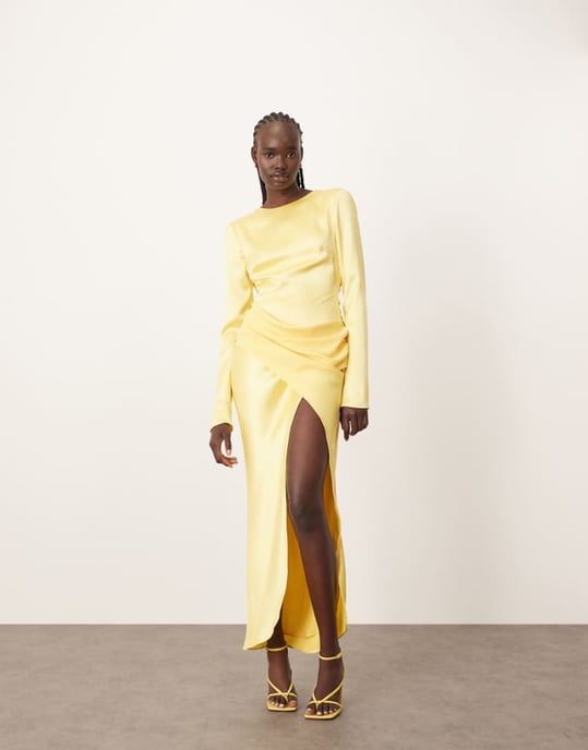 ARRANGE sleek satin drape maxi dress with open back in lemon - Image 1
