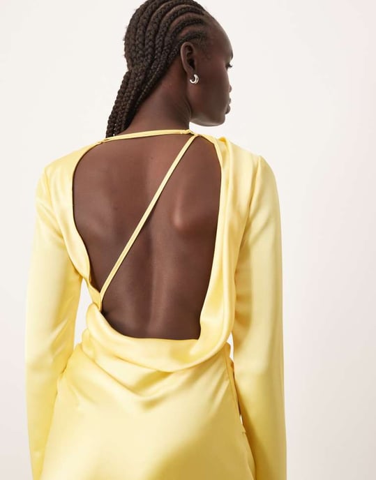 ARRANGE sleek satin drape maxi dress with open back in lemon - Image 3