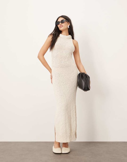 ARRANGE boucle open knit racer maxi dress in off white - Image 1