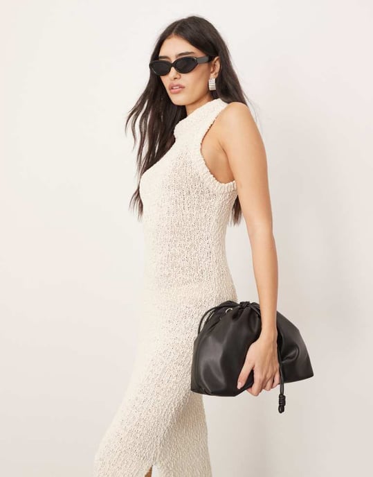 ARRANGE boucle open knit racer maxi dress in off white - Image 4