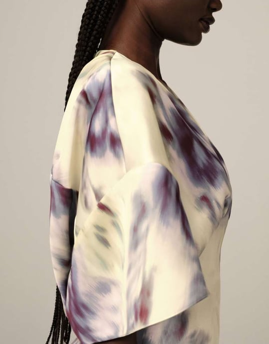 ARRANGE modern 30's maxi satin dress with shoulder pad in blurred floral - Image 2