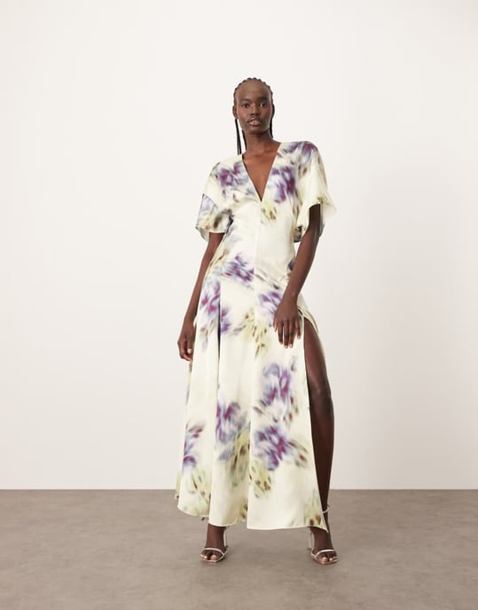 ARRANGE modern 30's maxi satin dress with shoulder pad in blurred floral - Image 3