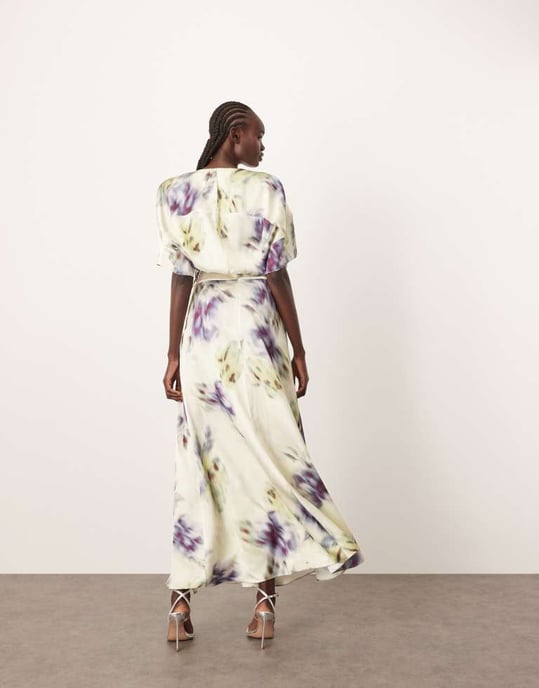 ARRANGE modern 30's maxi satin dress with shoulder pad in blurred floral - Image 4