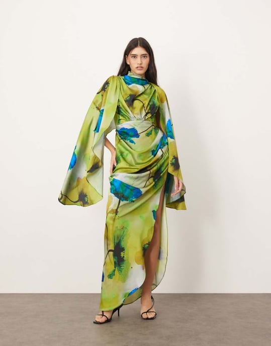 ARRANGE satin extreme sleeve maxi dress with ruching in ink floral print - Image 1