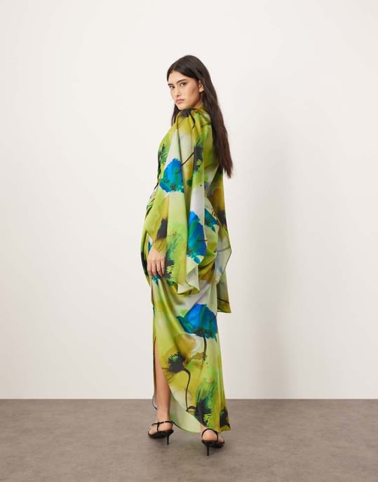 ARRANGE satin extreme sleeve maxi dress with ruching in ink floral print - Image 2