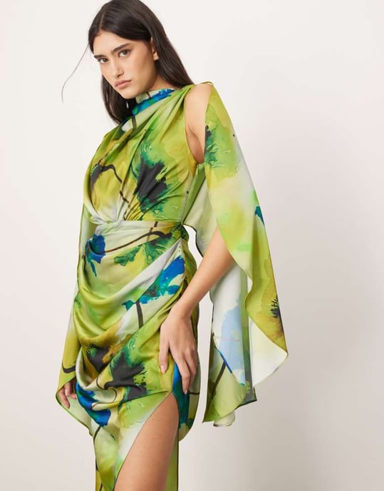 ARRANGE satin extreme sleeve maxi dress with ruching in ink floral print - Image 3