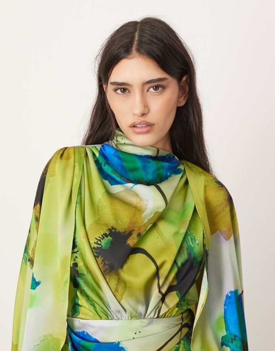 ARRANGE satin extreme sleeve maxi dress with ruching in ink floral print - Image 4