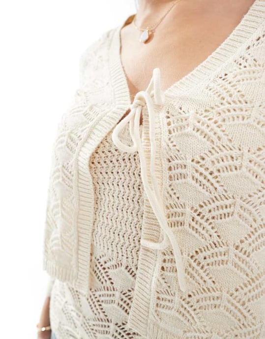 Vero Moda cropped crochet cardigan co-ord in cream - Image 3