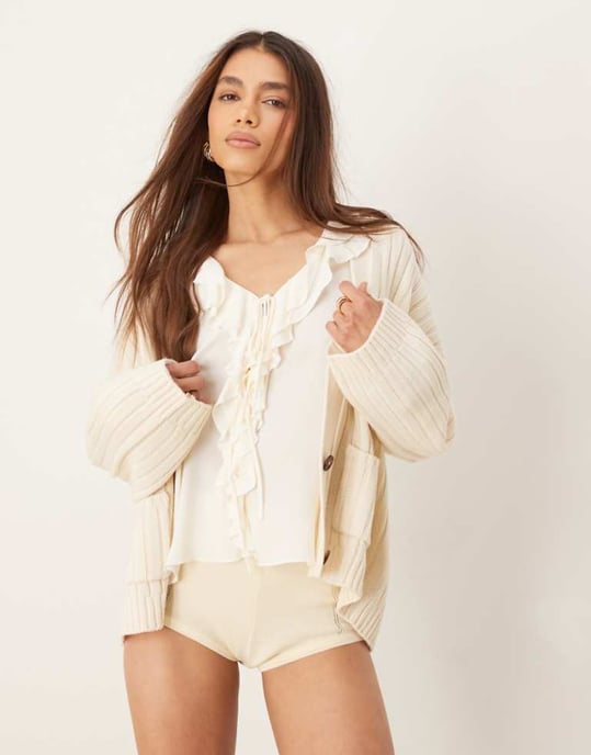 ASOS DESIGN boxy longline cardigan in rib in cream - Image 1