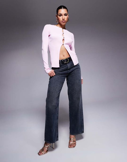 Kaiia exclusive button through split front longline cardigan in fondant pink - Image 2