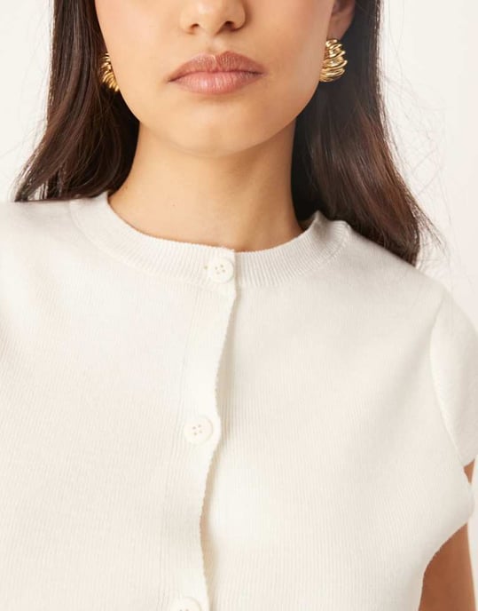 ASOS DESIGN knitted structured cap sleeve cardigan in cream - Image 4