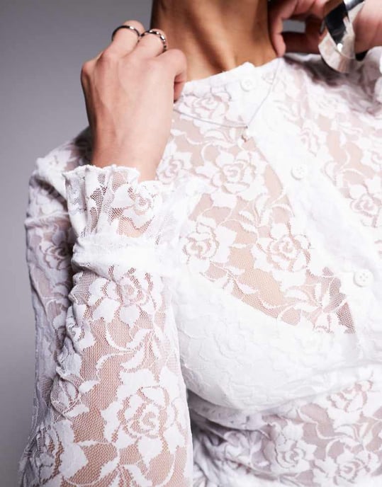 ASOS DESIGN lace shrunken cardigan with mini frill detail in ecru - Image 3