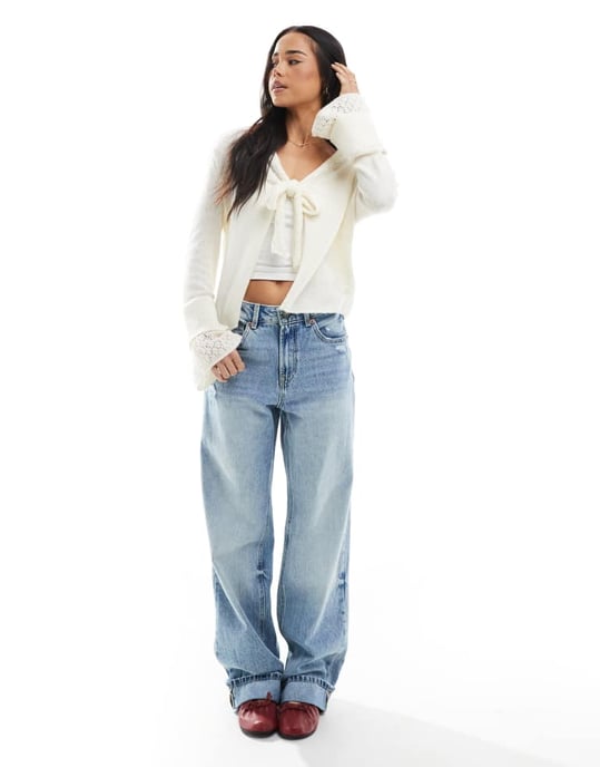Miss Selfridge tie front cardigan with fluted sleeve in cream - Image 3