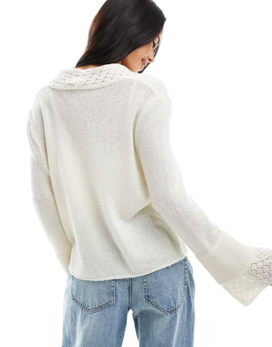 Miss Selfridge tie front cardigan with fluted sleeve in cream - Image 4