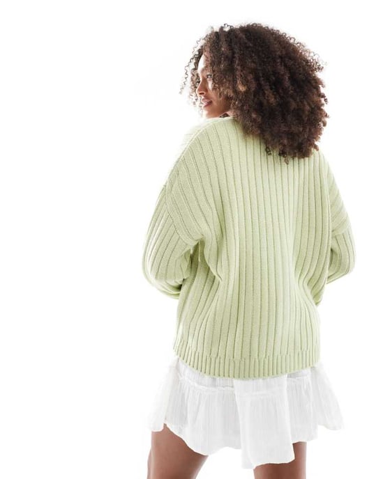 ASOS DESIGN boxy longline cardigan in rib in sage - Image 3