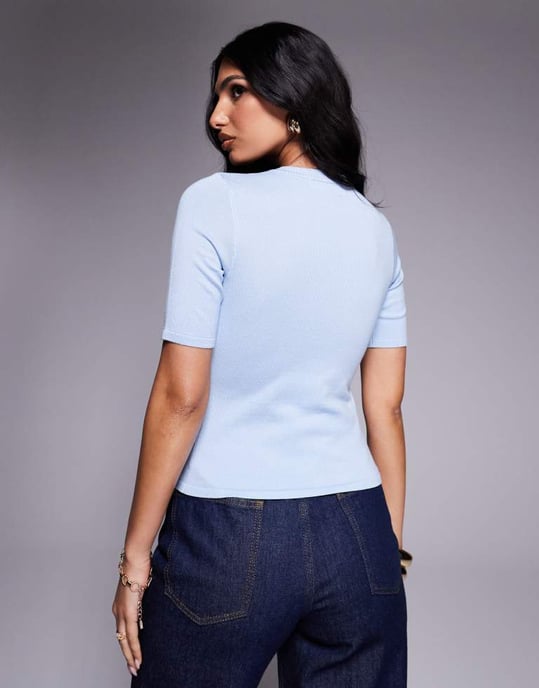 Kaiia exclusive scallop button front short sleeve cardigan in light blue - Image 2