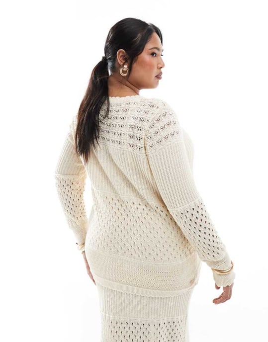 Vero Moda Curve patched crochet cardigan co-ord in cream - Image 3
