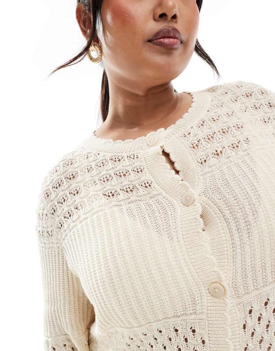 Vero Moda Curve patched crochet cardigan co-ord in cream - Image 4