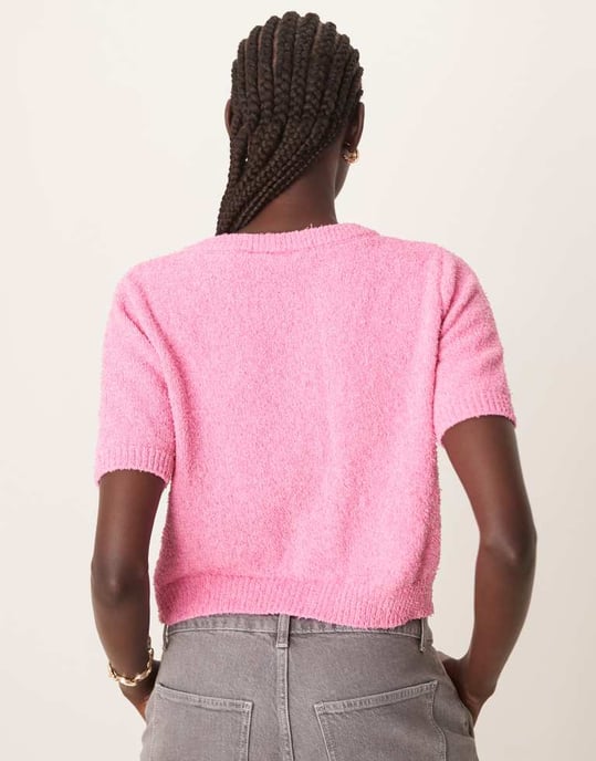 Vila fluffy knit short sleeve cardigan style top in bubblegum pink - Image 4