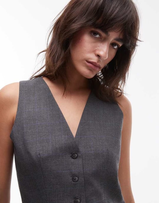 Topshop höghalset väst med knappar i grå rutigt - Image 3