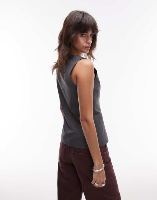 Topshop höghalset väst med knappar i grå rutigt - Image 4