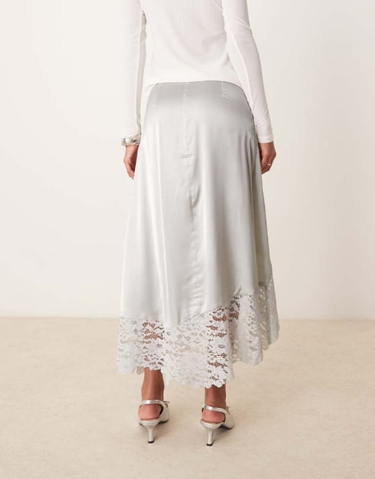 ASOS DESIGN satin & lace hanky hem midi skirt in silver - Image 3
